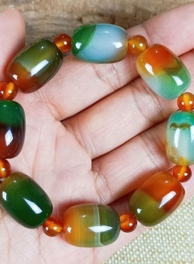 南京天然雨花石孔雀绿玉石桶珠手链原石五彩手链转运珠串男女礼品