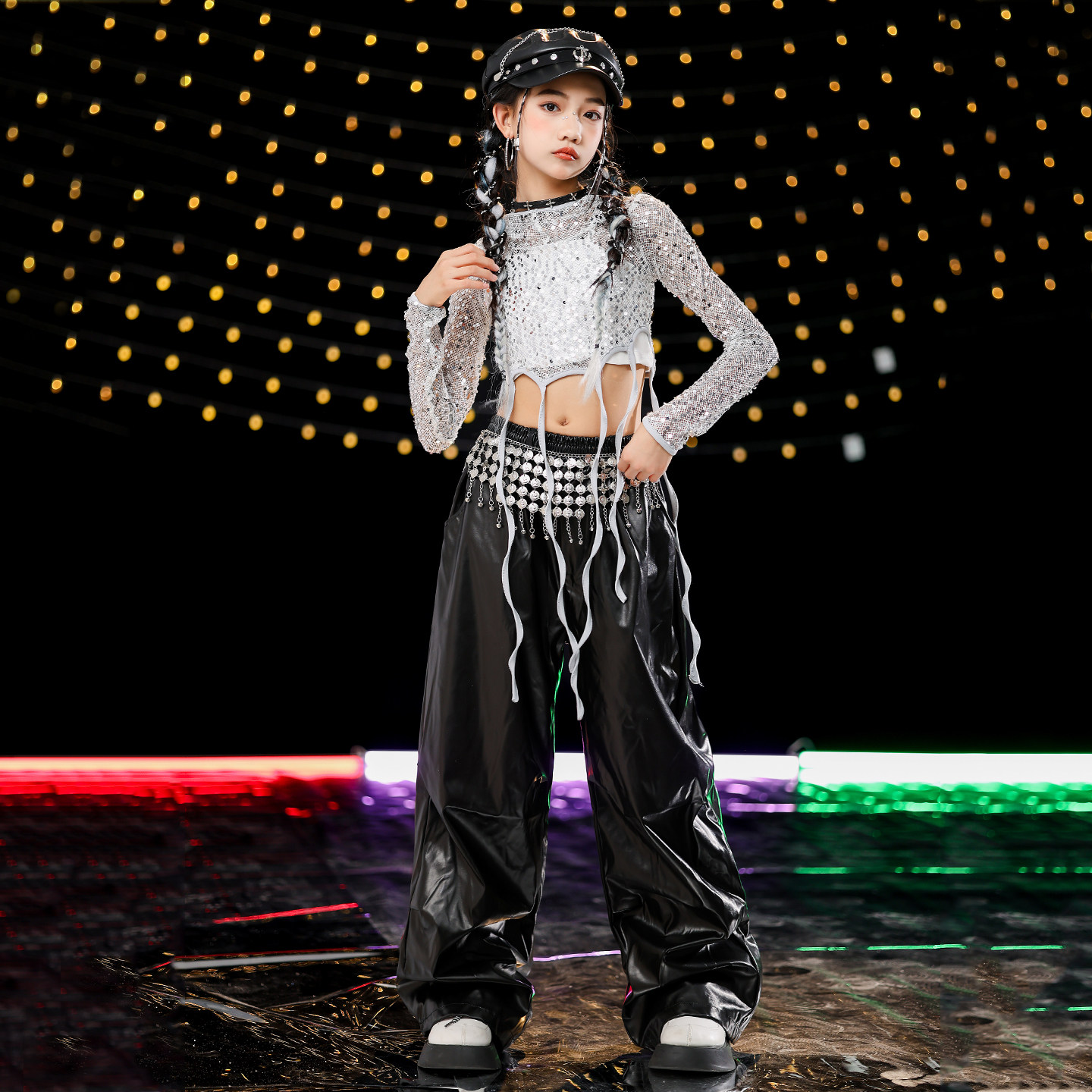 爵士舞潮服女童洋气亮片皮裤jazz走秀服女团街舞韩舞Kpop表演出服,淘宝优惠券,粉丝福利购,淘宝优惠卷