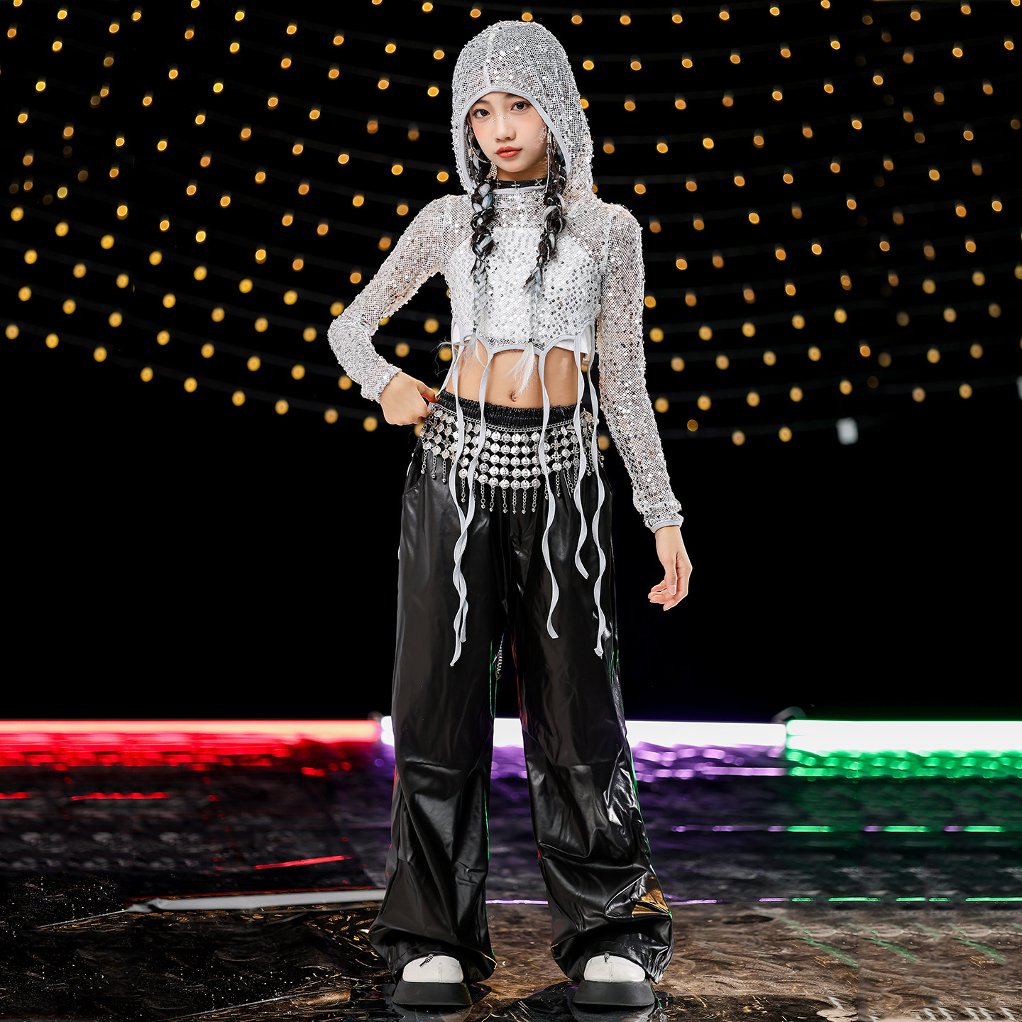 爵士舞潮服女童洋气亮片皮裤jazz走秀服女团街舞韩舞Kpop表演出服,淘宝优惠券,粉丝福利购,淘宝优惠卷