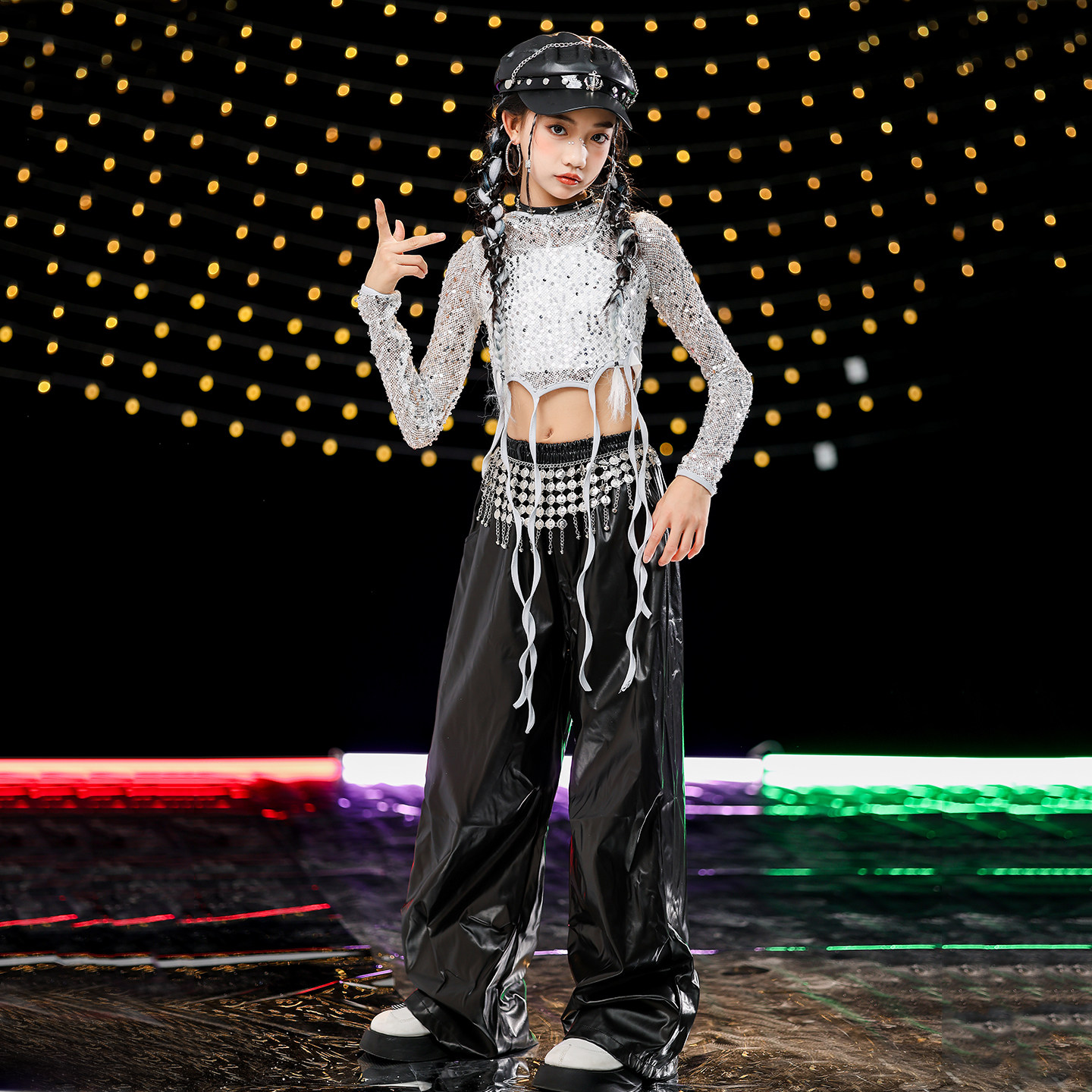 爵士舞潮服女童洋气亮片皮裤jazz走秀服女团街舞韩舞Kpop表演出服,淘宝优惠券,粉丝福利购,淘宝优惠卷