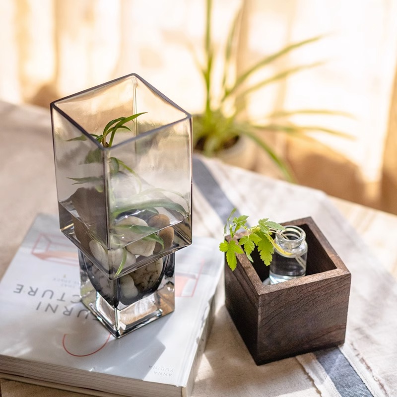 日式方口木托玻璃花瓶摆件透明水养鲜花干花客厅餐桌插花装饰花器