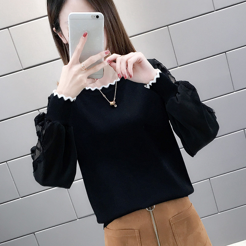 白色长袖t恤蕾丝网纱拼接袖打底衫 岚舒T恤