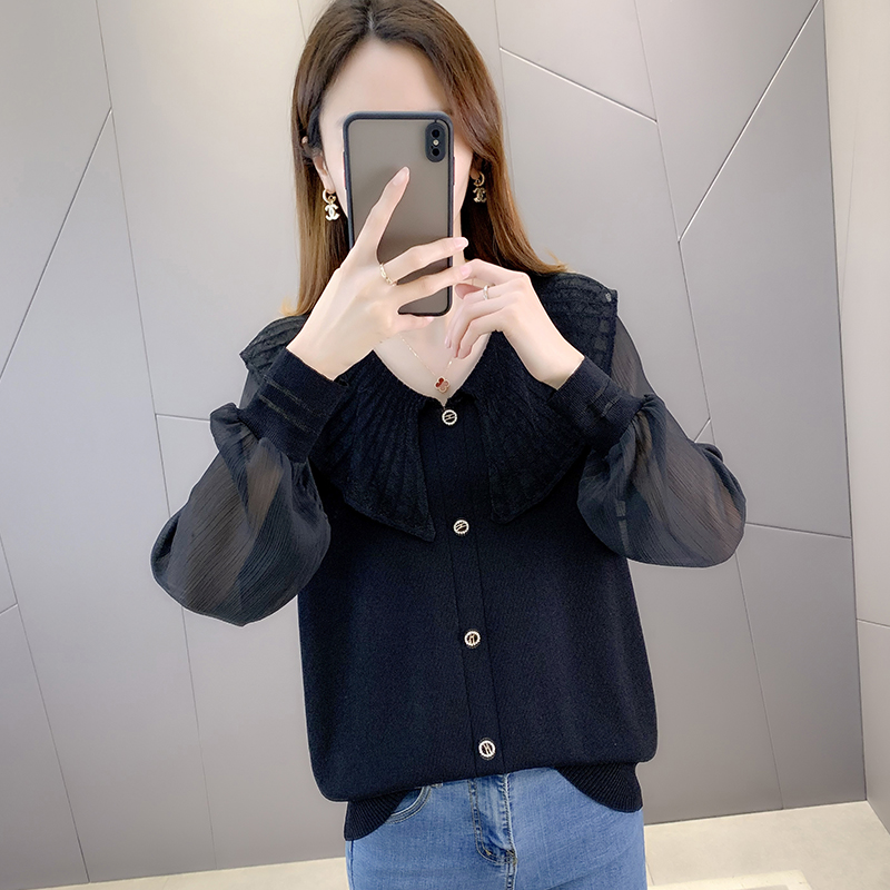 春季2024新款女装薄款娃娃领毛衣打底衫雪纺袖上衣春秋冰丝针织衫