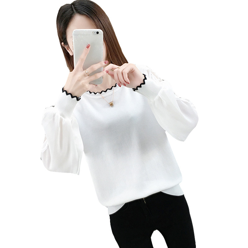 白色长袖t恤蕾丝网纱拼接袖打底衫 岚舒T恤