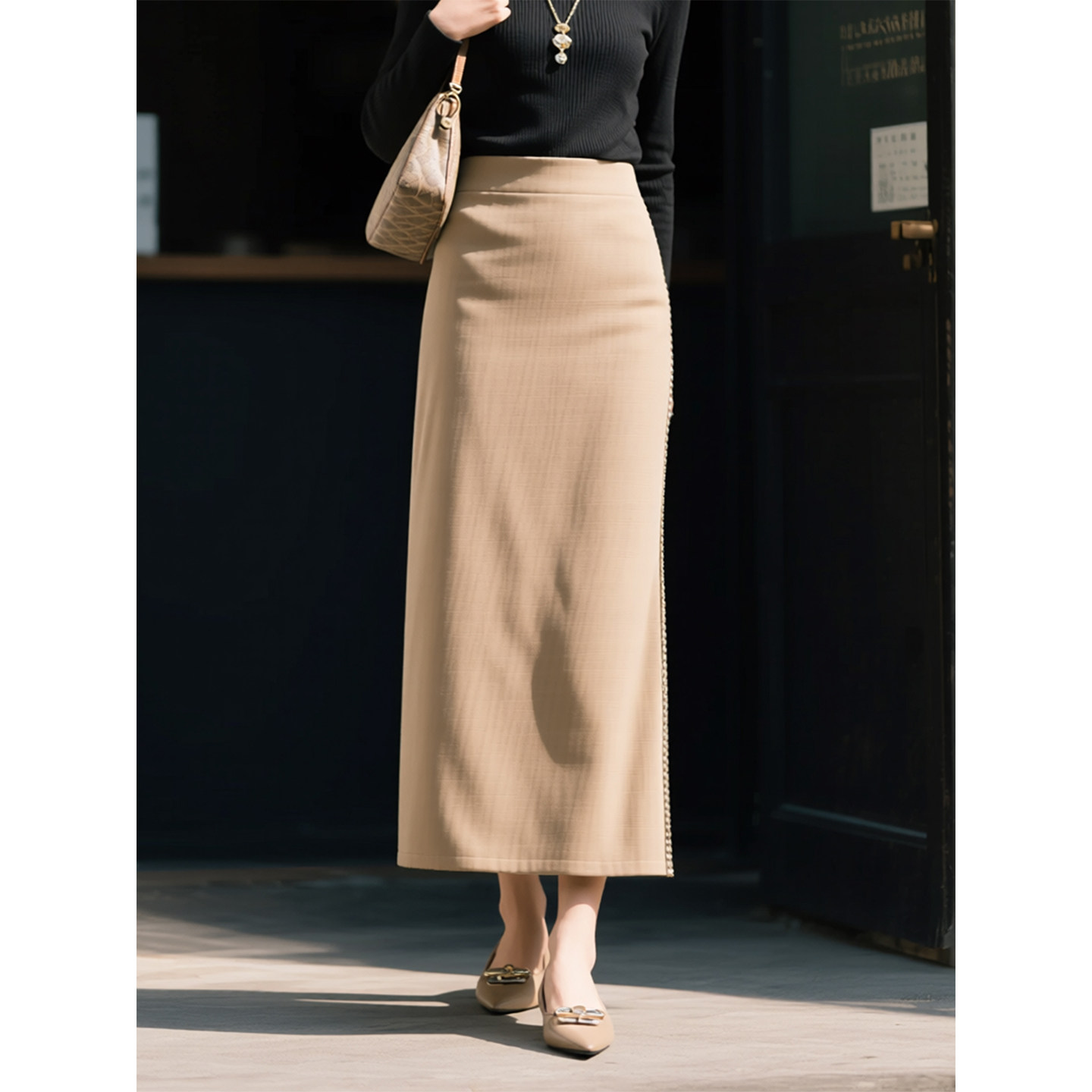 卡其色法式优雅风半身裙女2026年春季新款时尚气质开叉百搭长款裙,淘宝优惠券,粉丝福利购,淘宝优惠卷