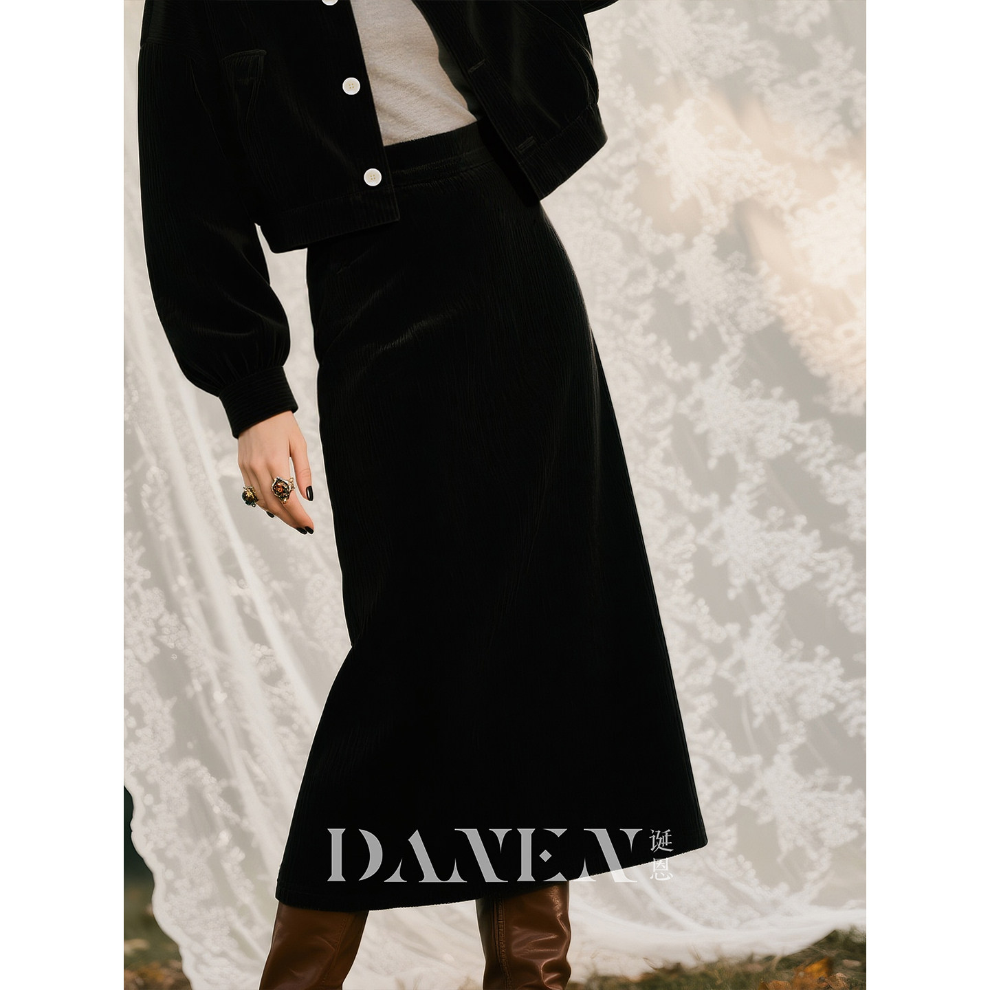 黑色灯芯绒套装女2026年秋冬新款翻领夹克上衣高腰半身裙两件套,淘宝优惠券,粉丝福利购,淘宝优惠卷