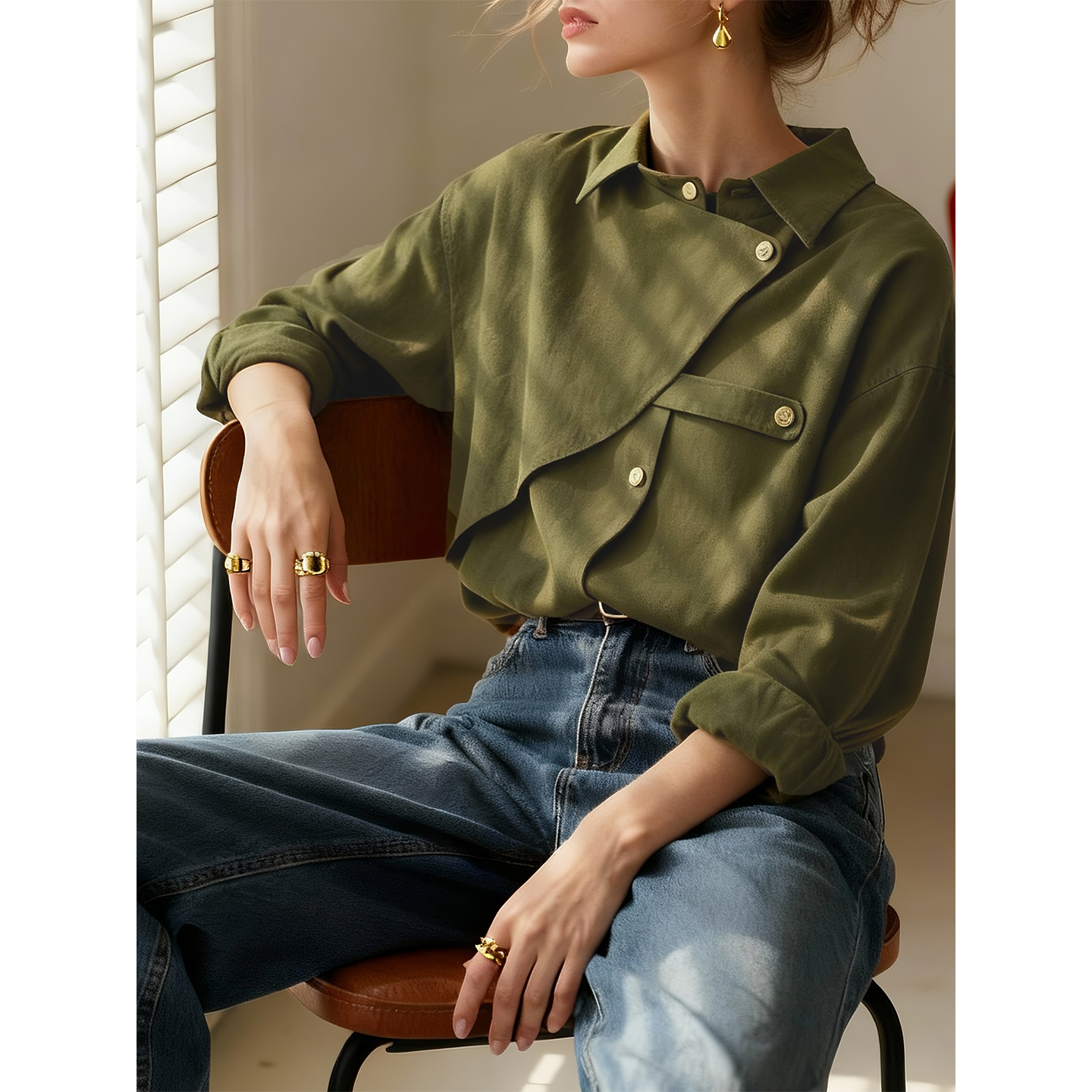 复古橄榄绿磨毛衬衫女2025年秋冬新款内搭叠穿衬衣设计感小众上衣 - 图2
