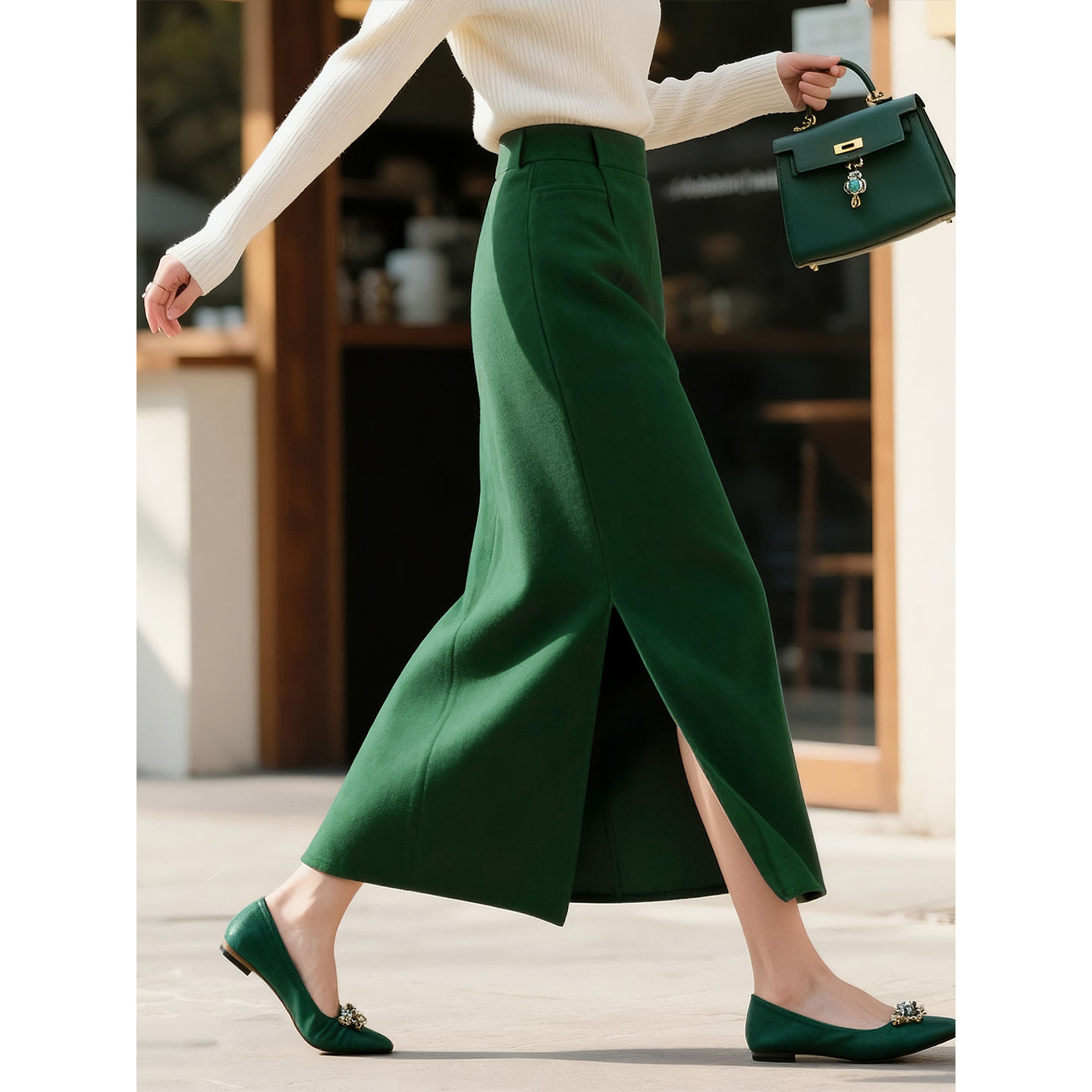 墨绿色羊毛半身裙女2025年秋冬新款时尚复古高腰中长款开叉直筒裙 - 图0