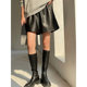 Black leather pants shorts women's spring and autumn high waist wide leg pants