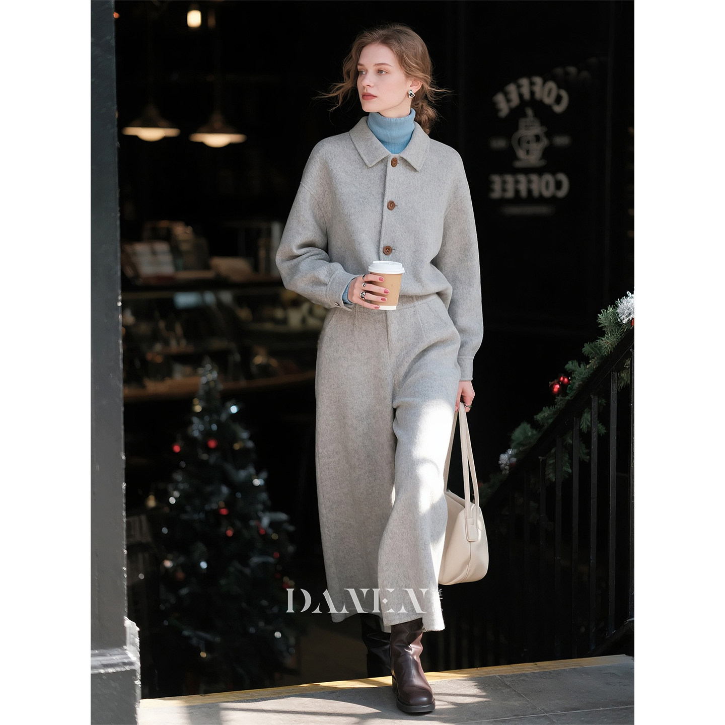 白灰色羊毛毛呢套装女秋冬外套九分裤两件套2026超火冬装一整套,淘宝优惠券,粉丝福利购,淘宝优惠卷