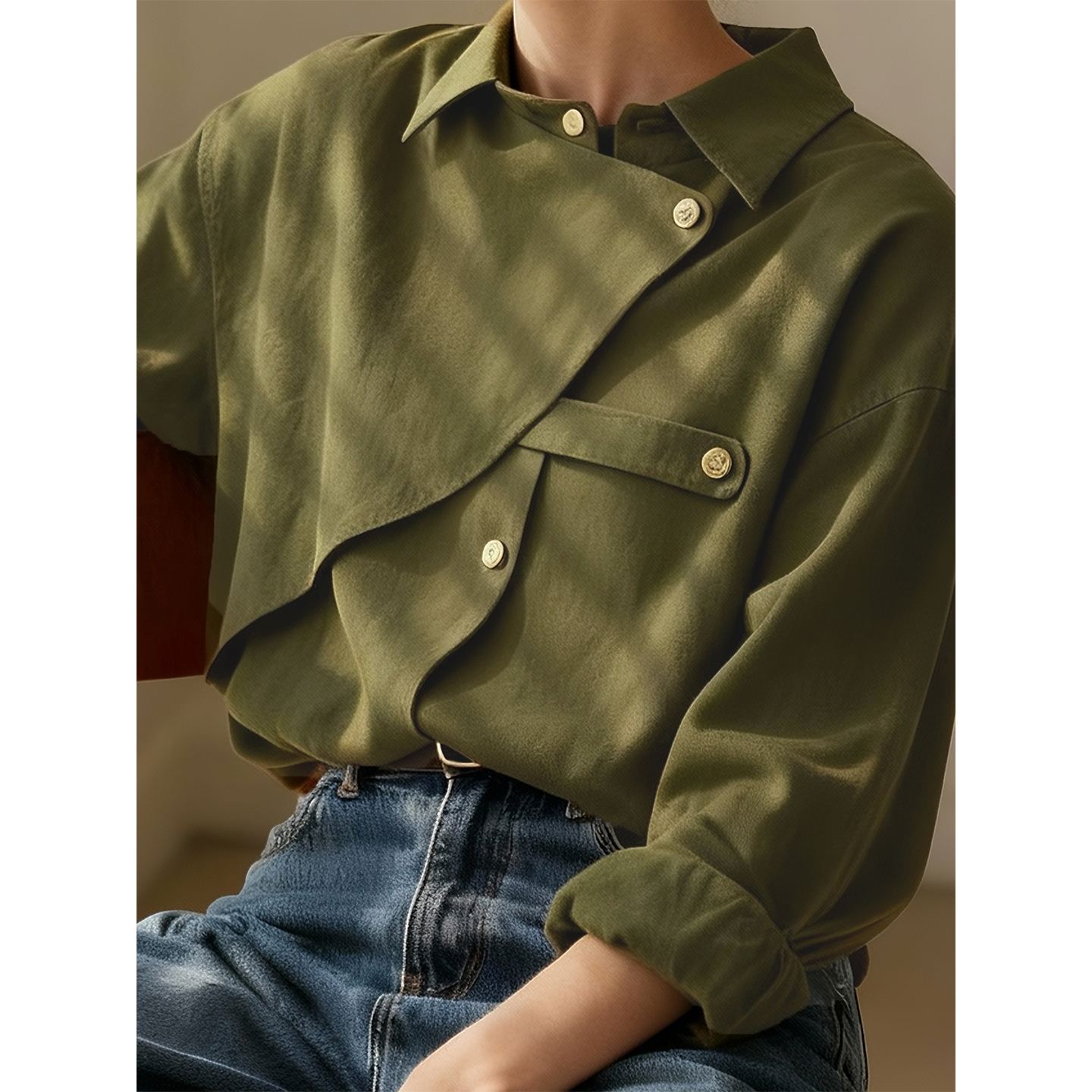 复古橄榄绿磨毛衬衫女2025年秋冬新款内搭叠穿衬衣设计感小众上衣 - 图3