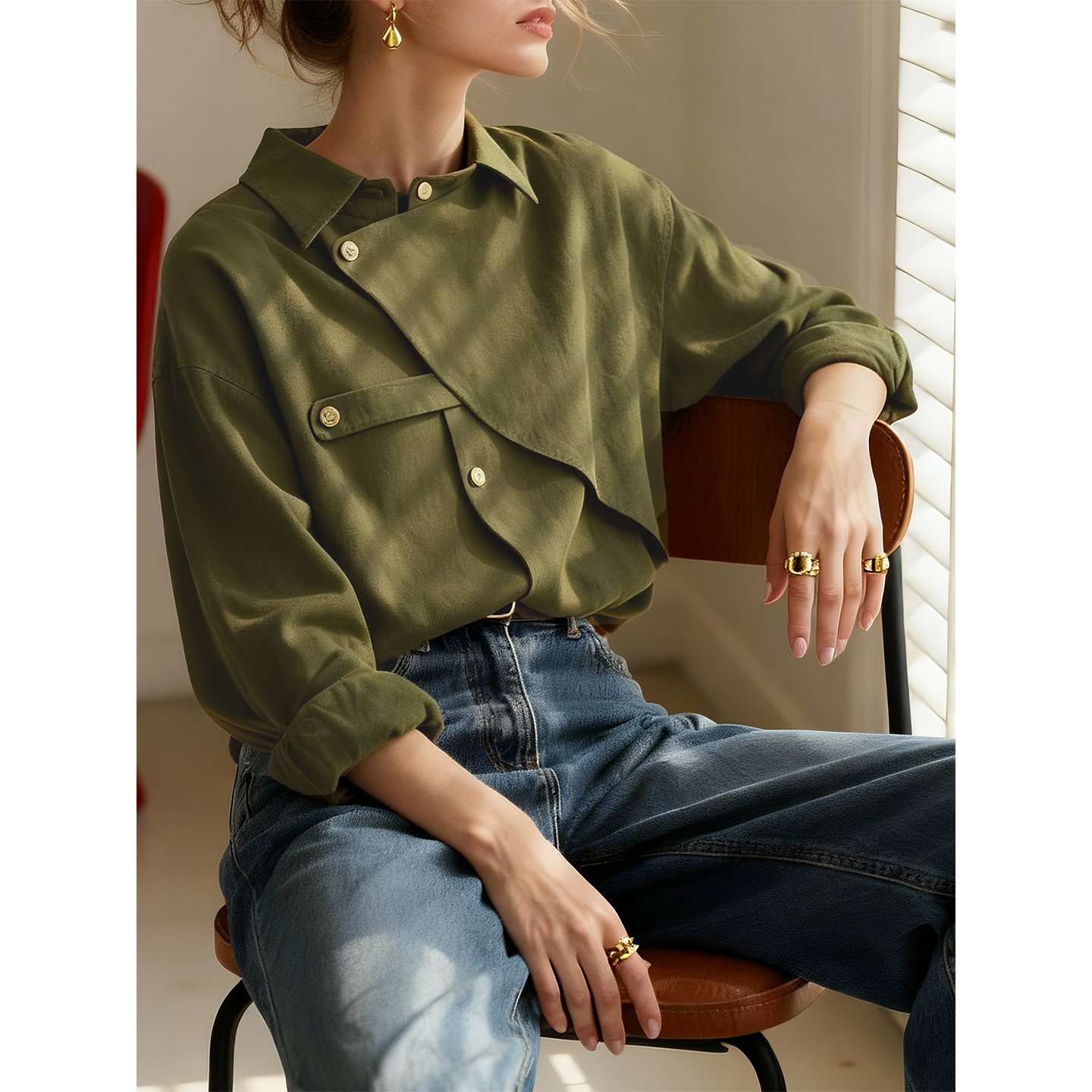 复古橄榄绿磨毛衬衫女2025年秋冬新款内搭叠穿衬衣设计感小众上衣 - 图1