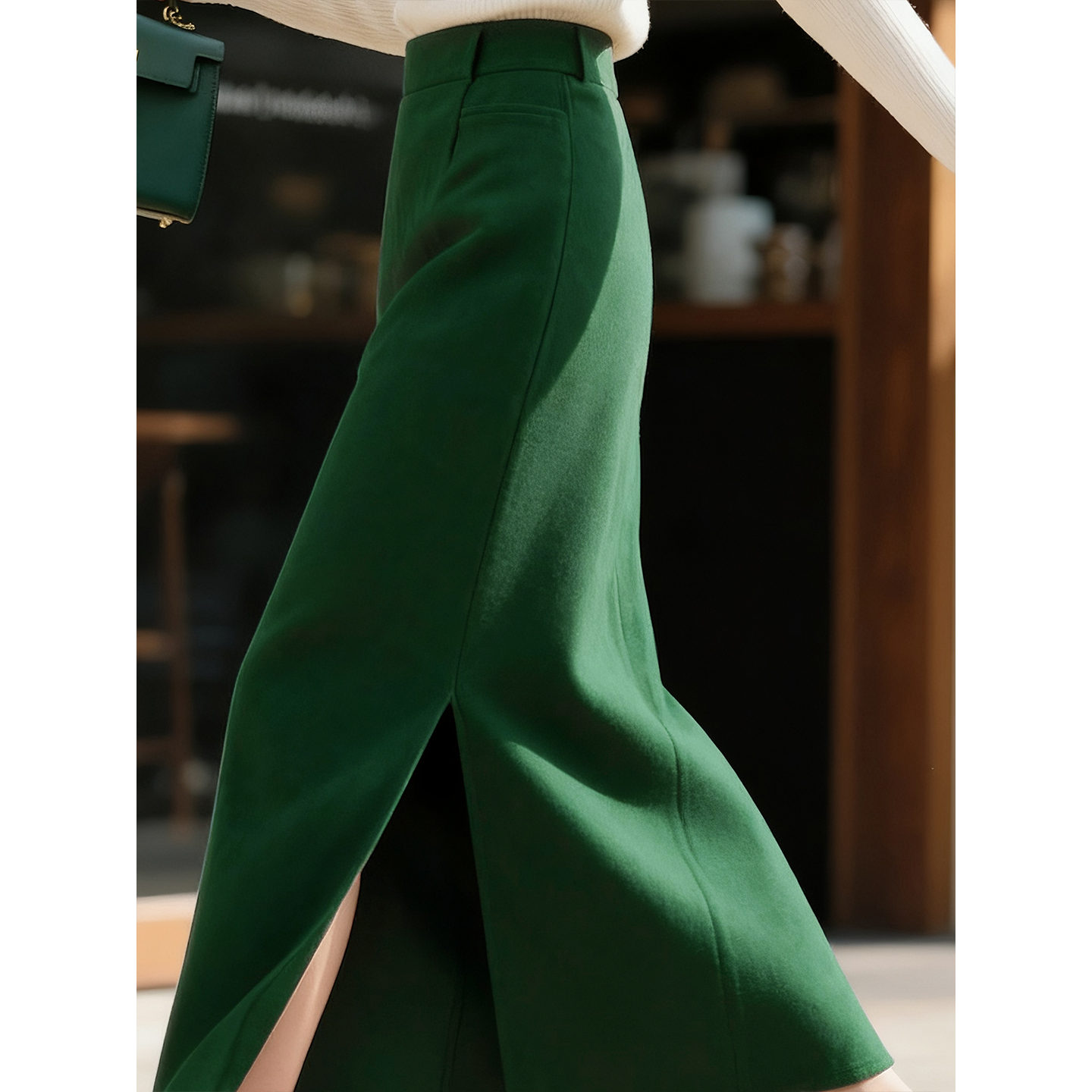 墨绿色羊毛半身裙女2025年秋冬新款时尚复古高腰中长款开叉直筒裙 - 图2