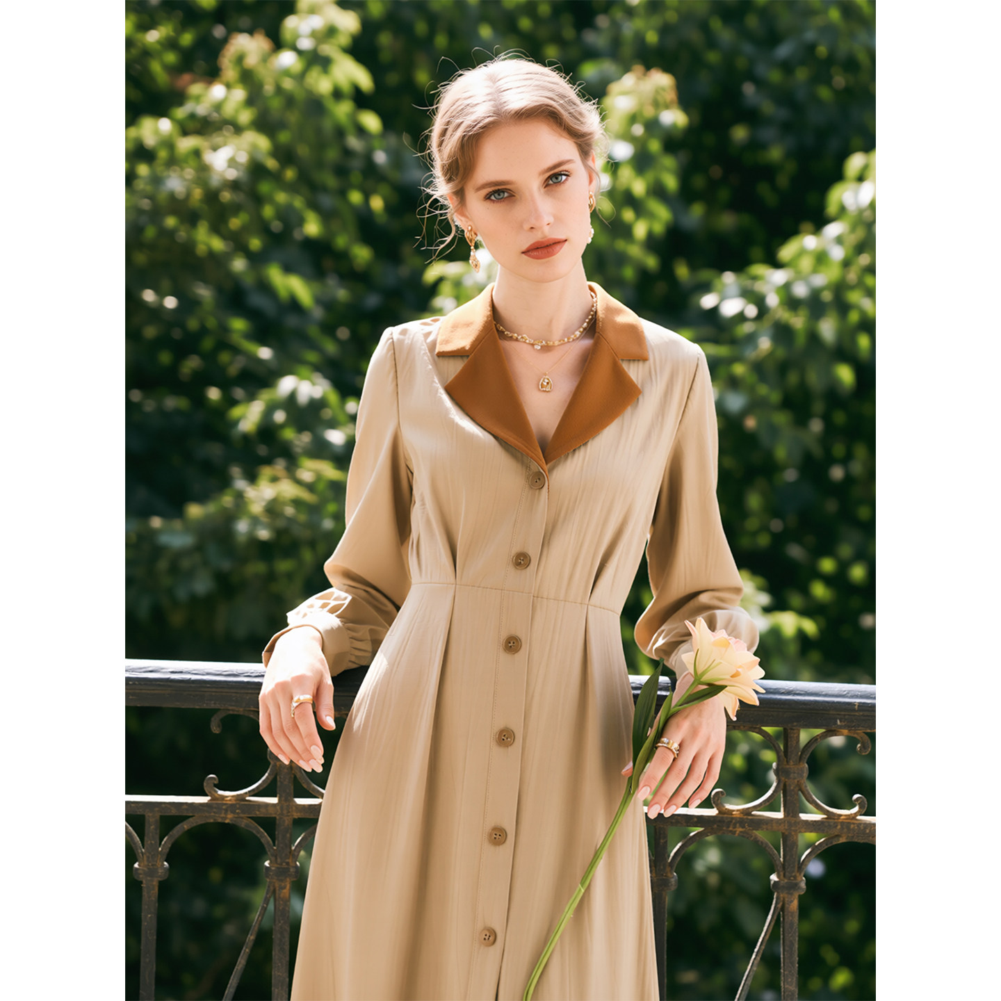 卡其色长袖连衣裙女2026年春季新款温柔风法式收腰显瘦气质裙子,淘宝优惠券,粉丝福利购,淘宝优惠卷