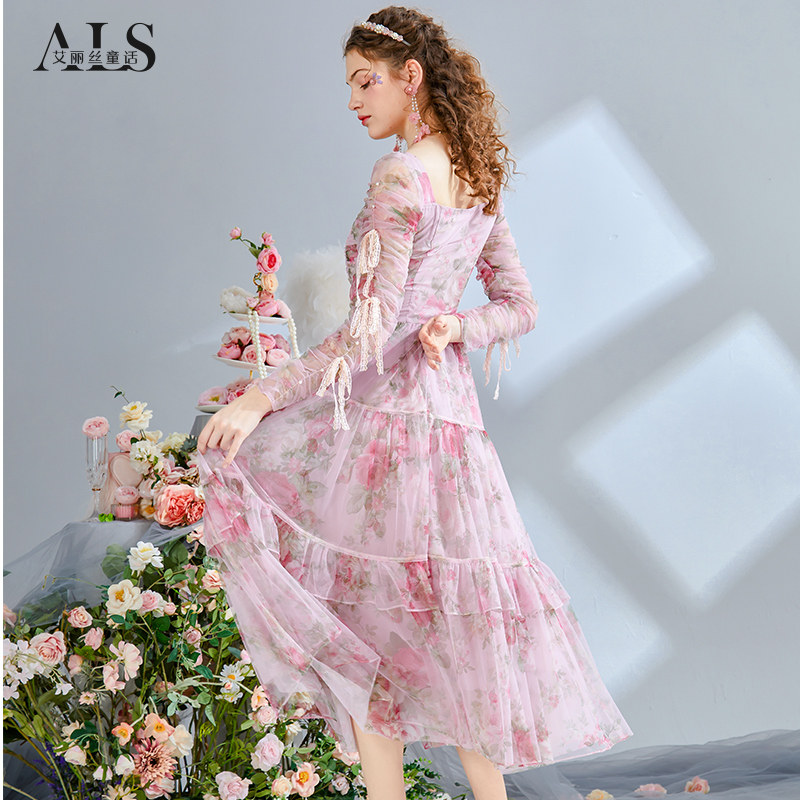 艾丽丝2026春季新款甜美粉色印花连衣裙重工蕾丝方领中长款公主裙,淘宝优惠券,粉丝福利购,淘宝优惠卷