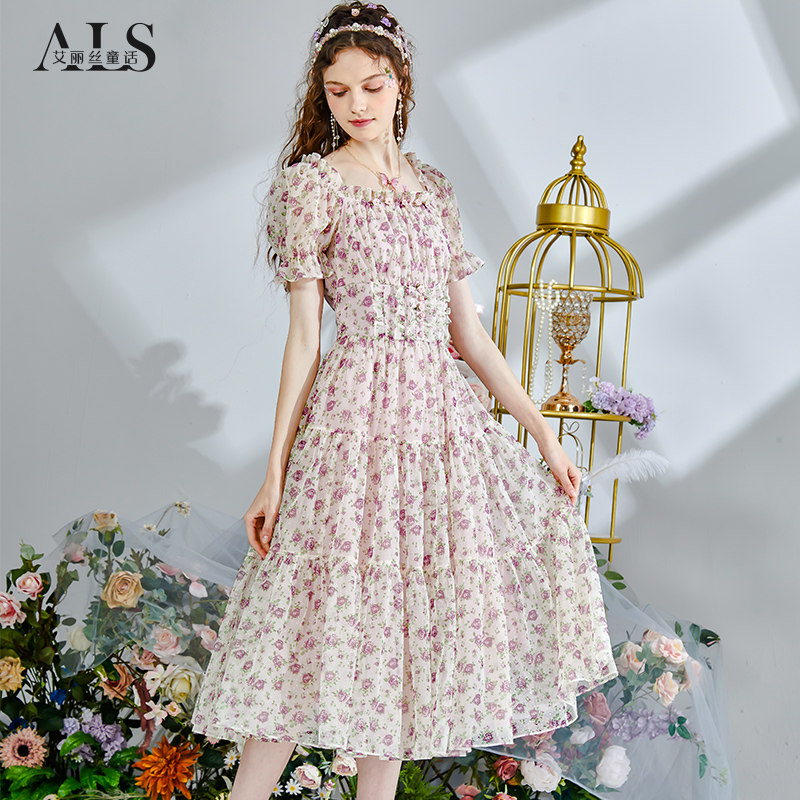 艾丽丝2025夏季新款仙气短袖连衣裙女优雅网纱碎花中长款公主裙子