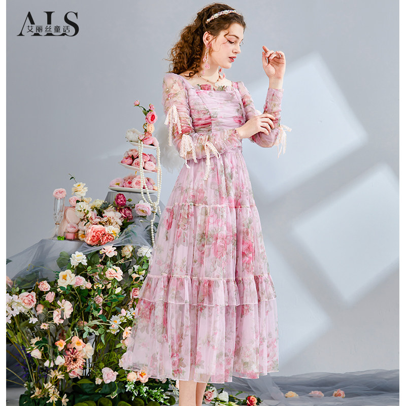 艾丽丝2026春季新款甜美粉色印花连衣裙重工蕾丝方领中长款公主裙,淘宝优惠券,粉丝福利购,淘宝优惠卷