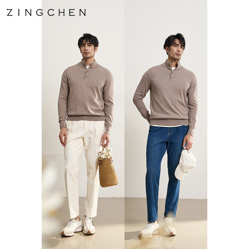 【可机洗棉山羊绒】ZINGCHEN纽扣门襟男士半高领毛衣 意式针织衫