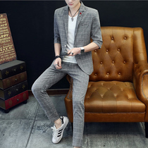 Summer checkered small suit mens body Han version Trend casual Western suit suit mens casual jacket set of handsome