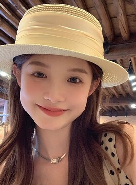 平顶法式草帽小头围女夏季海边防晒遮阳时尚小号浅顶超好看太阳帽