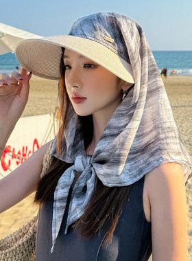 绑带丝巾草编帽子女防晒帽夏季防紫外线新款遮发护颈遮阳帽太阳帽
