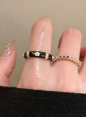 撤柜法式复古黑色滴釉戒指女开口可调节小众高级精致可叠戴指环