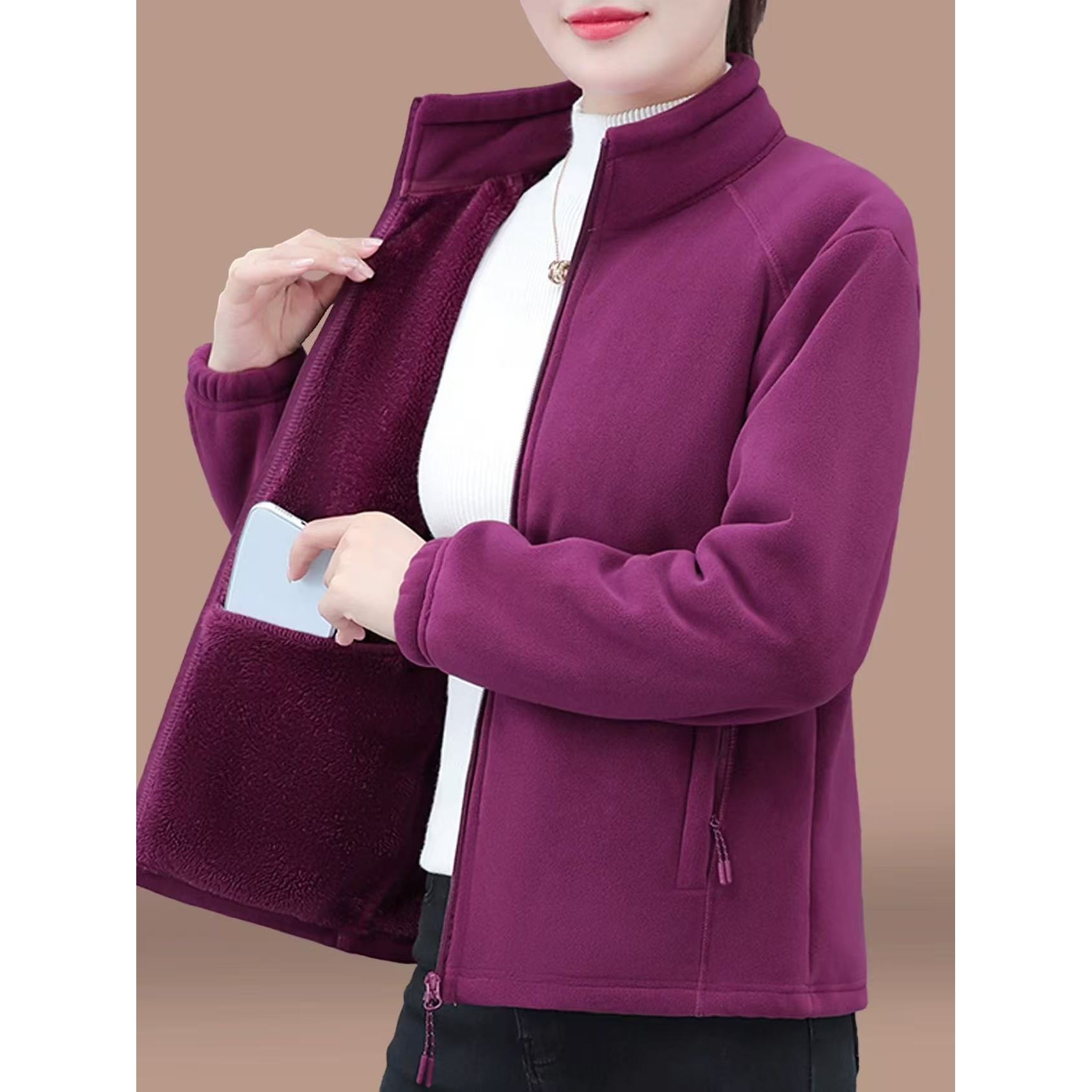 欧洲站双面绒摇粒绒外套女新款冬中年妈妈加绒加厚抓绒衣女士上衣,淘宝优惠券,粉丝福利购,淘宝优惠卷