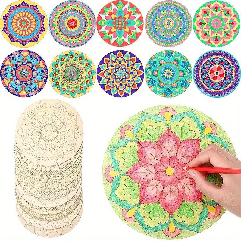 曼陀罗白模木板片手绘手工DIY材料10pcs涂鸦填色墙壁装饰绘画涂色,淘宝优惠券,粉丝福利购,淘宝优惠卷