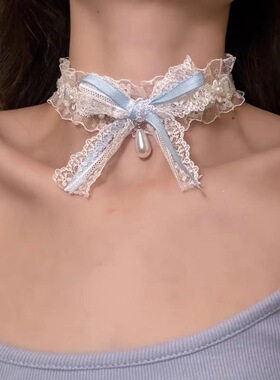 蕾丝锁骨链颈链山茶花暗黑白色蝴蝶结蕾丝choker项链女甜美气质