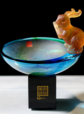 琉璃福兔聚宝盆摆件客厅办公室桌面摆放兔子工艺品乔迁新居礼物