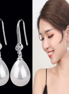 9999纯银珍珠水滴耳环耳扣耳圈女