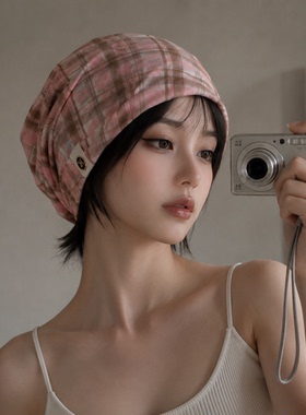 复古格纹堆堆帽女春夏显脸小