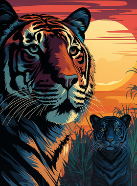 夕阳下的猛虎diy数字油画油彩画手工填充手绘画画填色丙烯风景