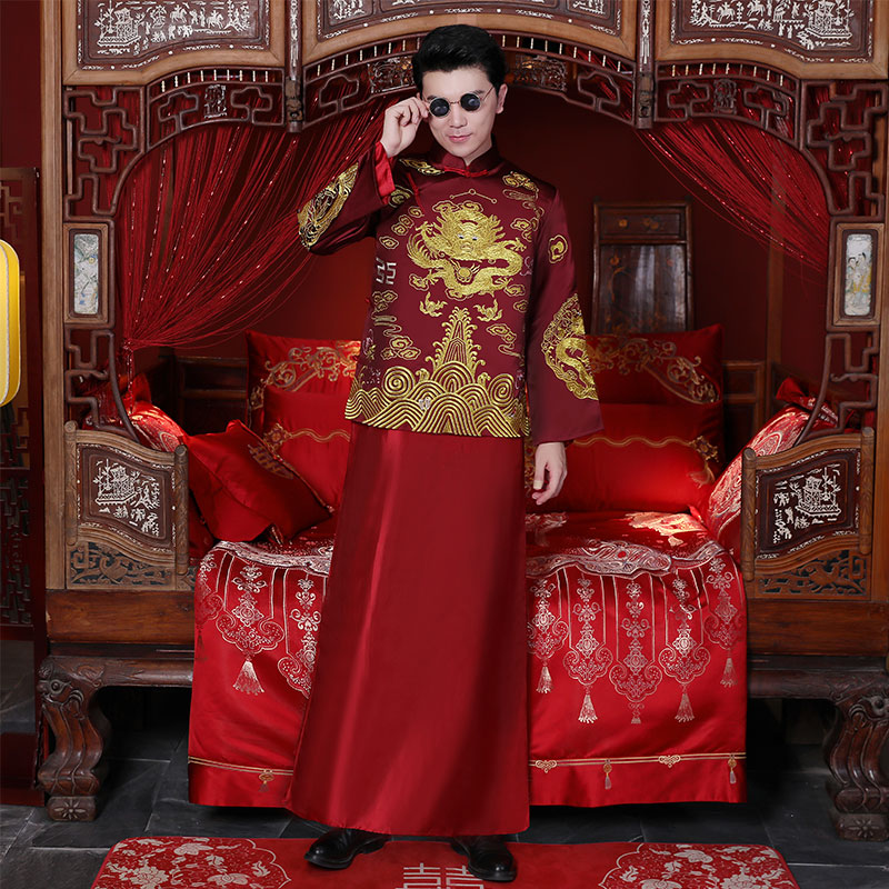 中式結婚禮服吳奇隆同款秀禾服男款新郎男士敬酒服唐裝龍鳳褂旗袍