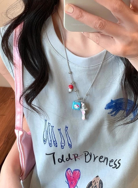 可爱卡通方块小猫吊坠钛钢项链女小众创意设计童趣锁骨链颈链配饰