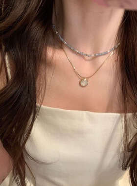 2024新款轻奢清新海蓝仿天然石叠戴项链女春夏轻奢设计感个性小众