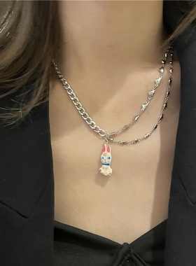 INS可爱珠子兔子项链 甜酷双层叠戴钛钢气质时尚锁骨链个性毛衣链