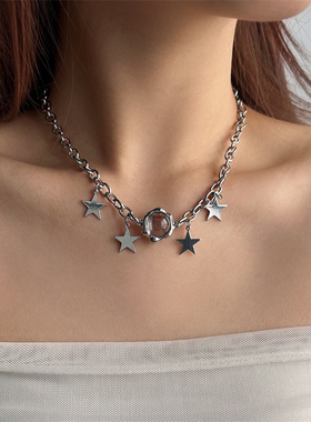 夏日ins冷淡风水晶猫眼石星星链条项链女小众个性朋克锁骨链配饰