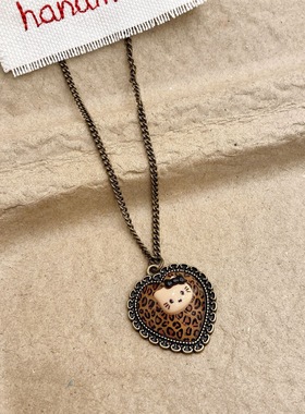 原创做旧千禧辣妹y2k哈喽kitty凯蒂猫复古豹纹桃心项链戒指 毛衣
