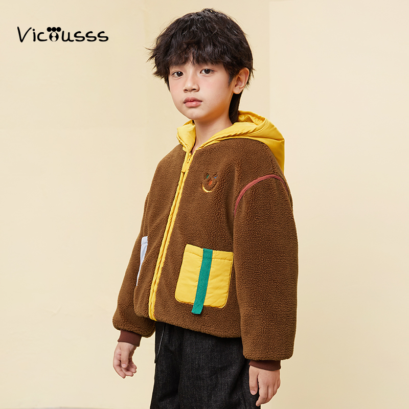 viciusss童装男童摇粒绒外套新款秋冬装连帽加厚保暖仿羊羔毛棉衣 - 图2