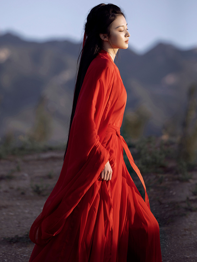 高档红色魏晋古风武侠古装汉服女中国风古典舞蹈演出服套装超仙气 - 图1