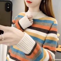 Rainbow set head thickened with soft knit weaters 2024 autumn and winter new half high collar slim striped outside wearing sweaters