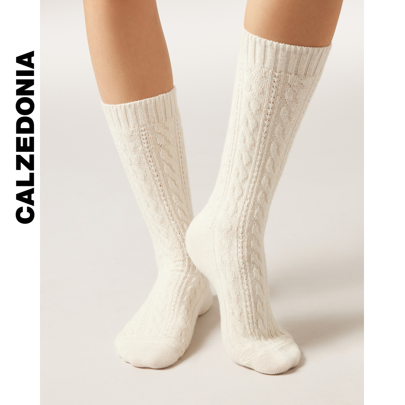 CALZEDONIA卡泽意袜25秋冬新女士休闲舒适麻花纹短袜中筒袜DC0591 - 图0