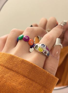 ins冷淡风夏季m字母糖果色戒指女