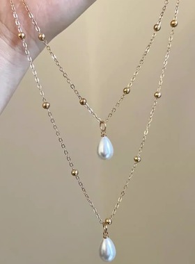 中古Vintage多层流苏珍珠项链女法式复古精致水滴锁骨链叠戴颈饰