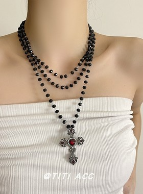 哥特亚文化红色锆石十字架多层串珠项链女小众个性暗黑y2k锁骨链