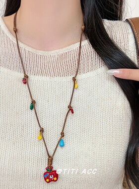 粉色陶瓷苹果编绳串珠项链女士