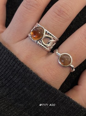 复古美拉德琥珀色开口戒指女轻奢小众设计食指戒可调节个性指环潮