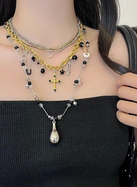 重工朋克多层叠戴别针十字架项链女复古高级感个性百搭锁骨链配饰
