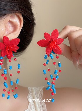 复古辣妹红蓝串珠choker锁骨链女小众轻奢花朵耳环长款流苏项链潮